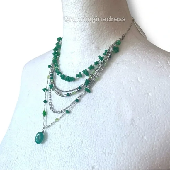 NWT Free People Aurelia Layered Necklace In Jade Green & Silver - Picture 4 of 10